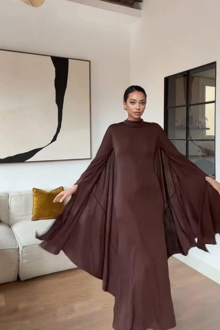 Turtleneck Shawl Maxi Dress Coffee