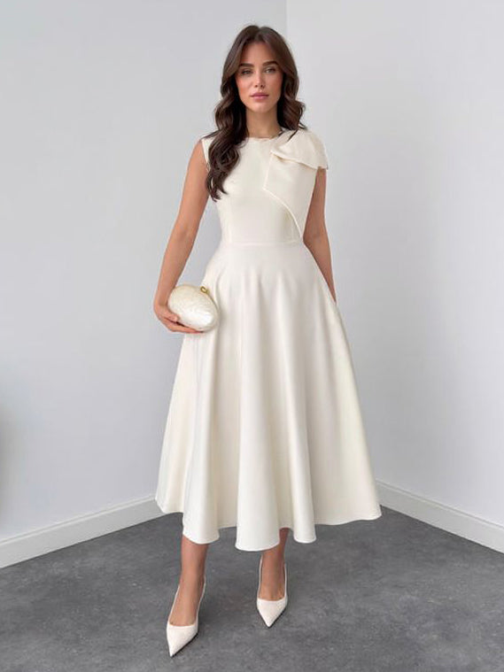 Elegant Sleeveless Bow Detail Slim-Fit Midi Dress Beige