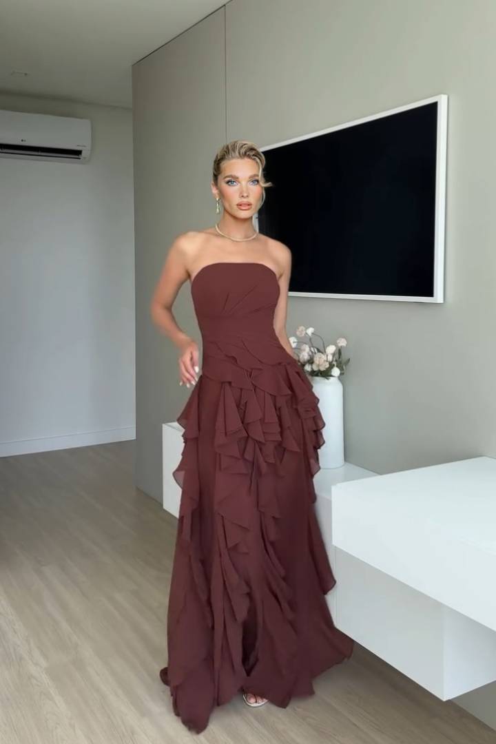 Pleated Strapless Ruffle Slit Dress Brown