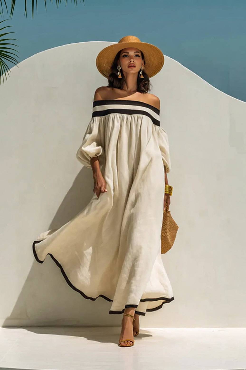 Color Contrast Off-Shoulder Loose-Fitting Dress Off White