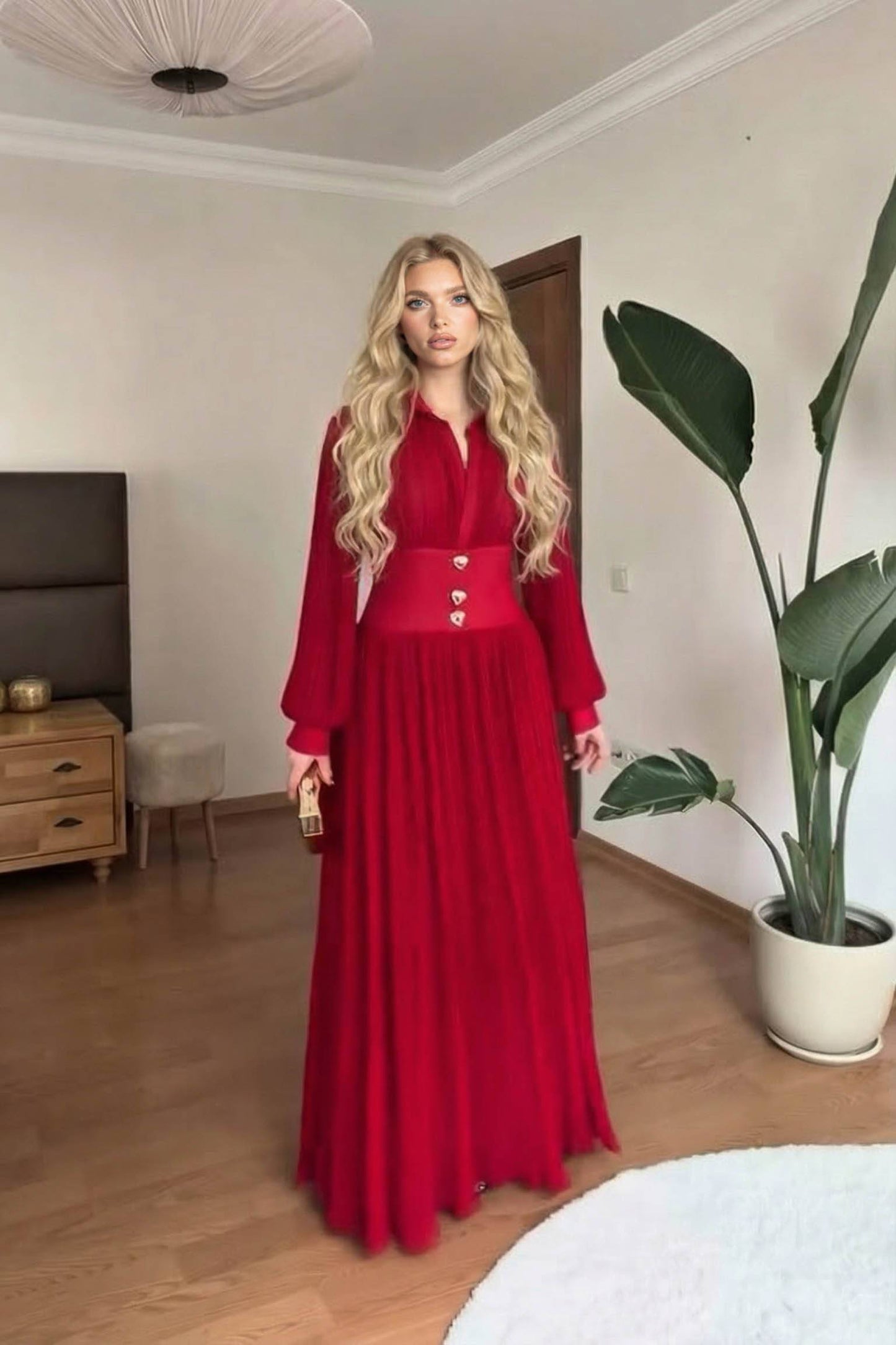 High-Waist Pleated Maxi Dress Red