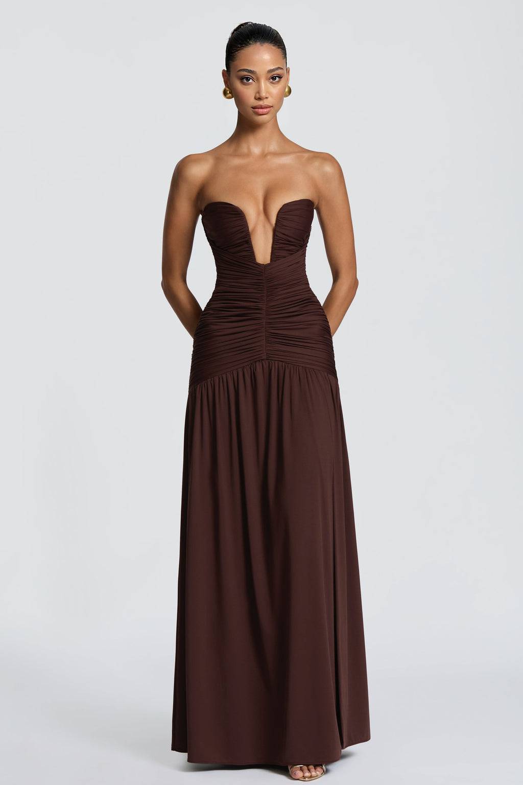 V-Neck Pleated Slit Maxi Dress Brown