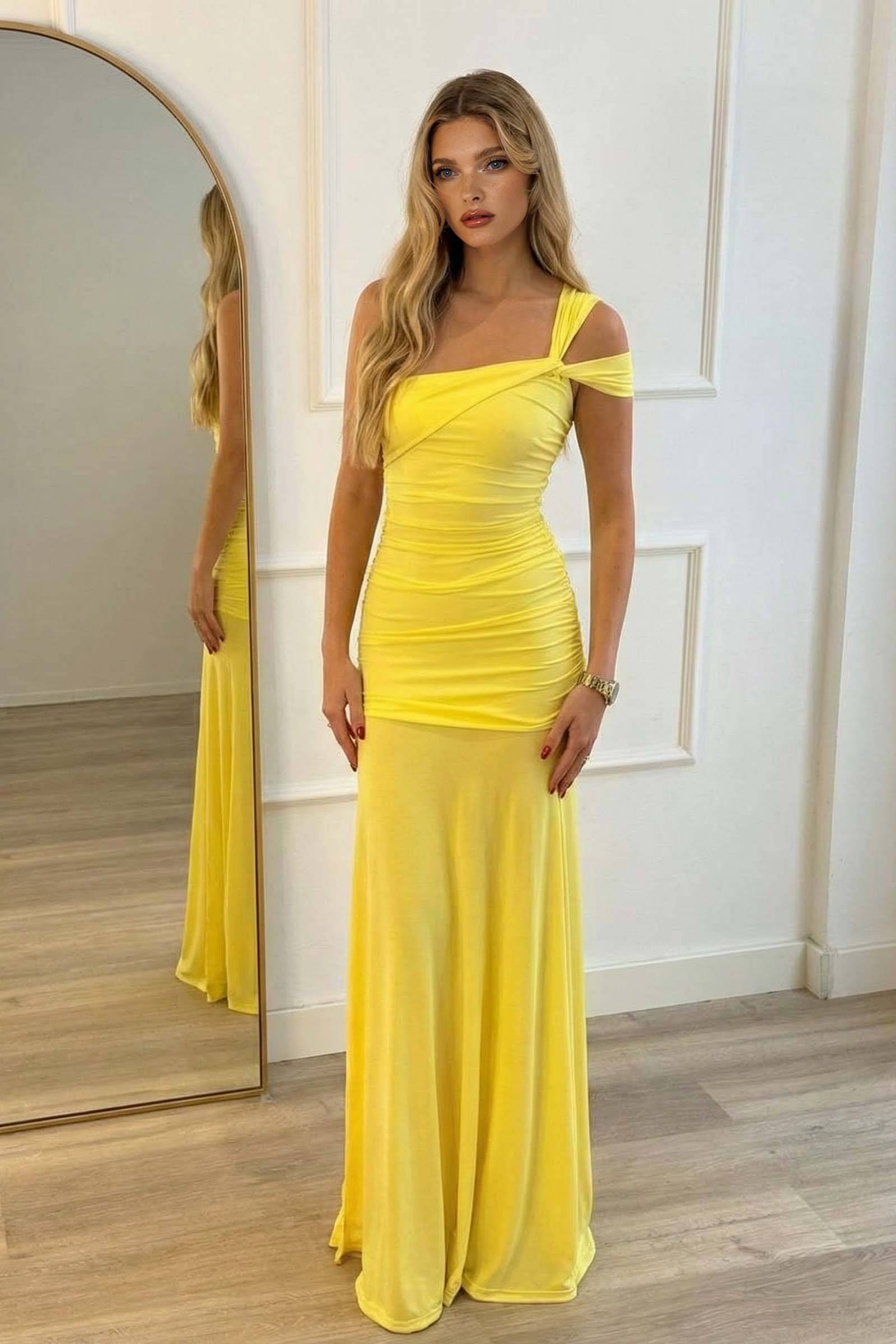 Off-Shoulder Asymmetrical Maxi Dress Yellow