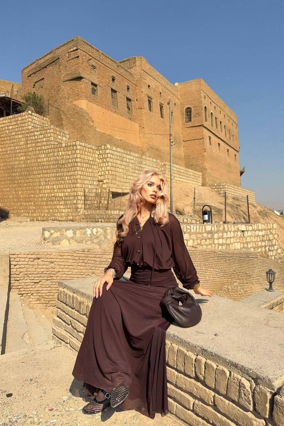Chiffon Pleated Maxi Dress Brown