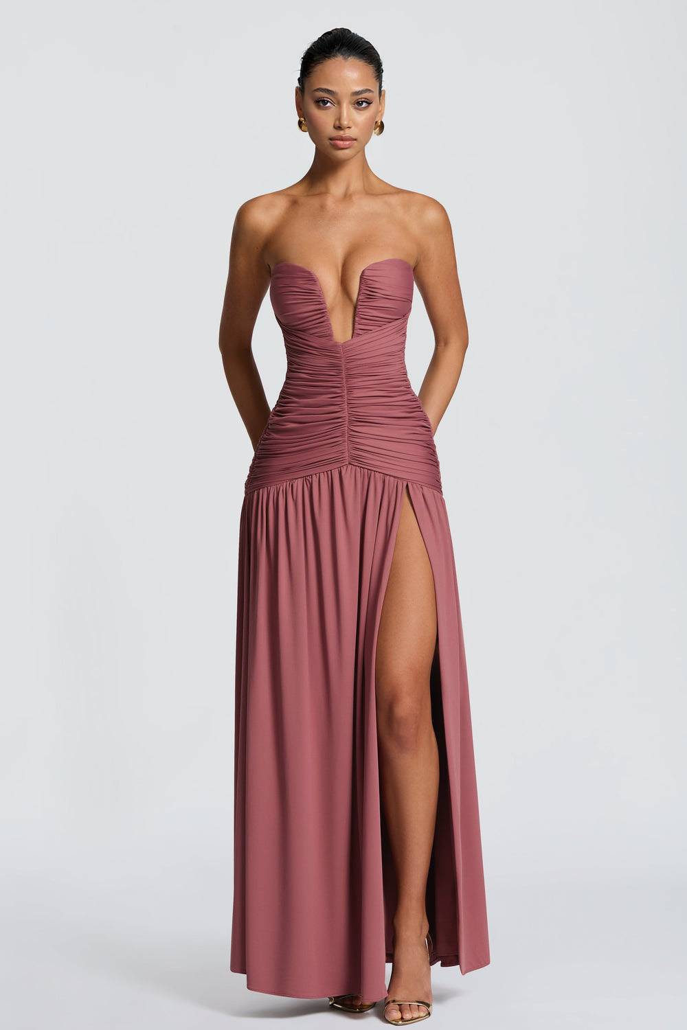 V-Neck Pleated Slit Maxi Dress Pink