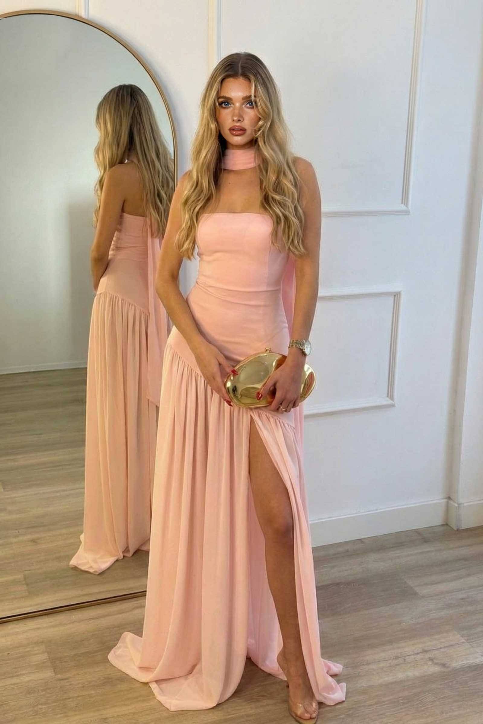 Strapless Slit Scarf Maxi Dress Pink