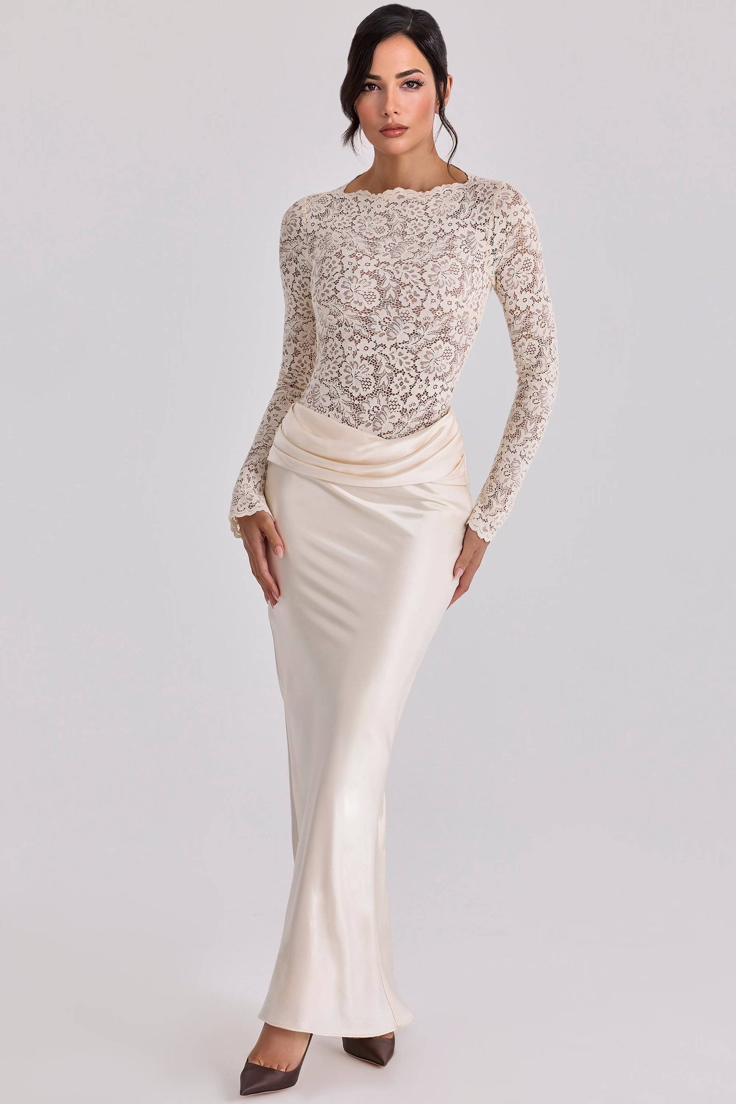 Lace Splicing Pleated Design Maxi Dress Champagne