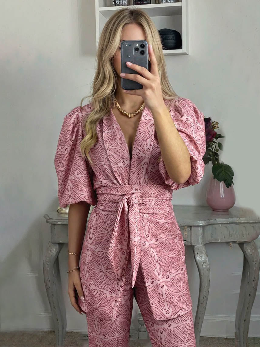 Casual Ethnic Style Printed Puff Sleeve Shirt Pink