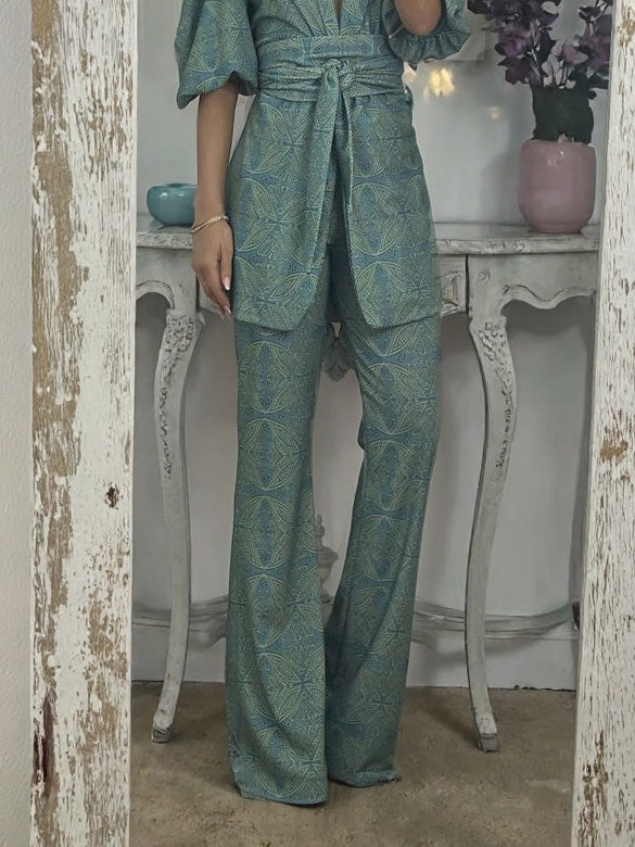 Casual Ethnic Style Printed Flared Pants Green