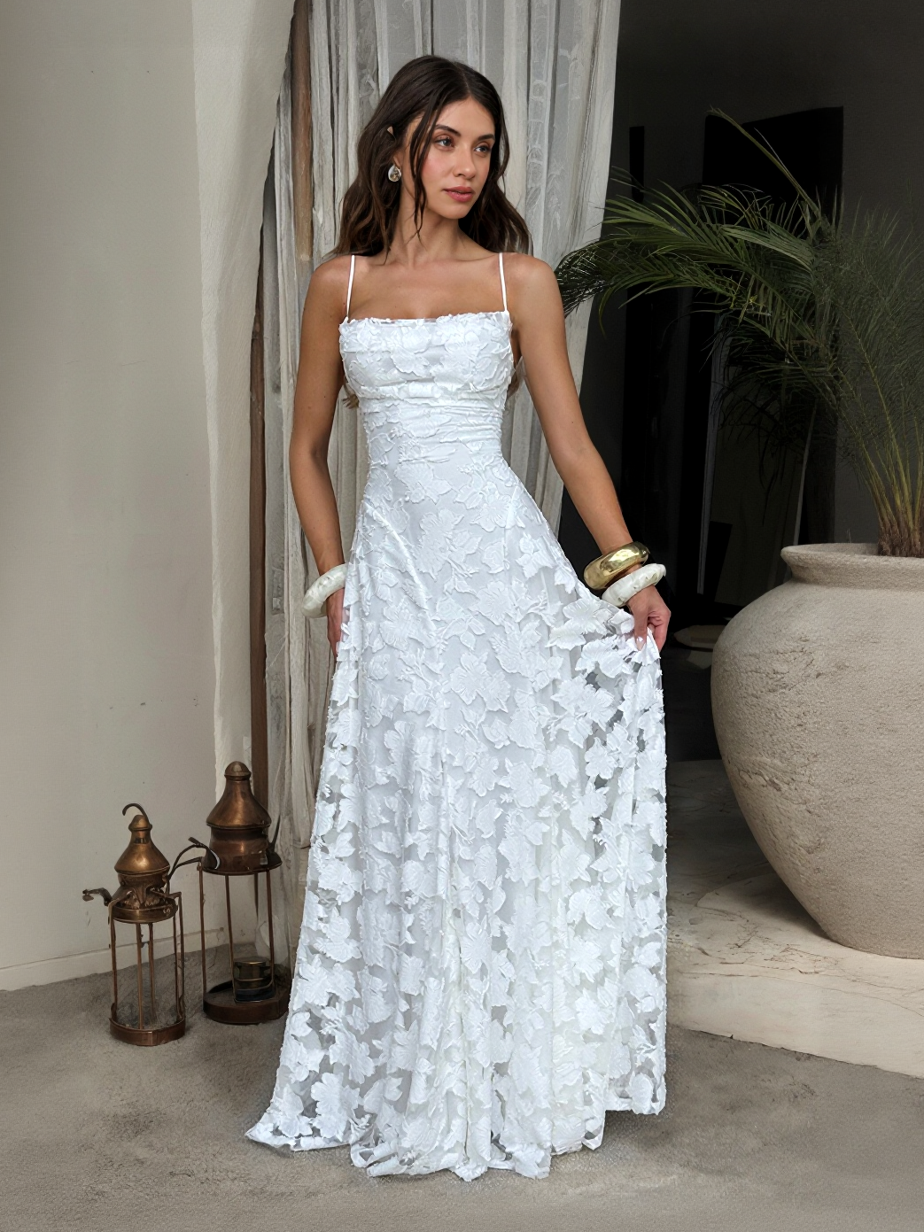 Elegant Floral Lace Spaghetti Strap Maxi Dress White