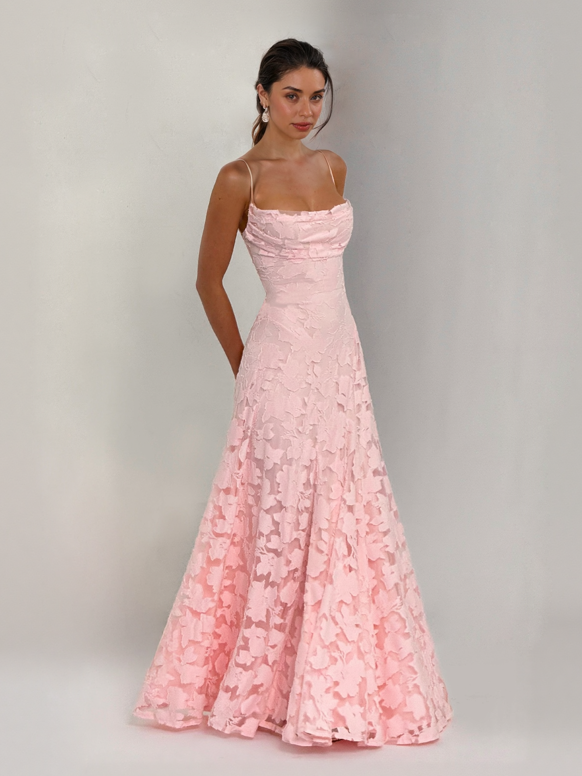 Elegant Floral Lace Spaghetti Strap Maxi Dress Pink