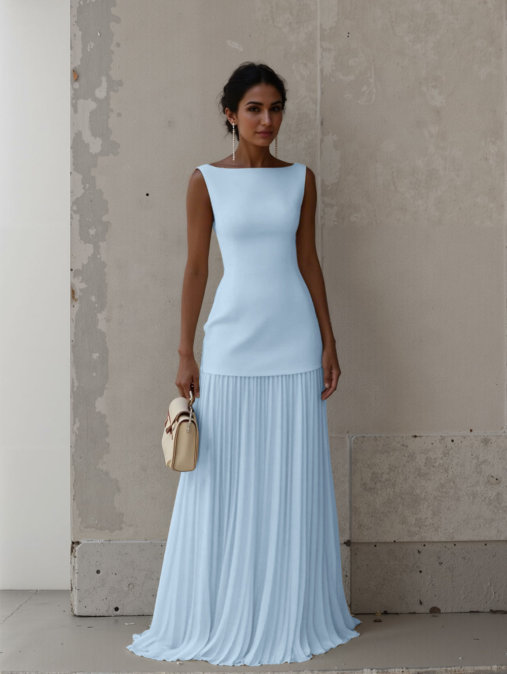 Elegant Pleated Classic Boat Neck Pleated Maxi Dress Blue
