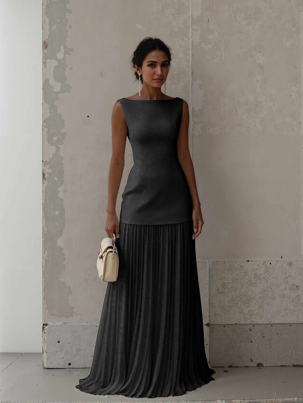 Elegant Pleated Classic Boat Neck Pleated Maxi Dress Black