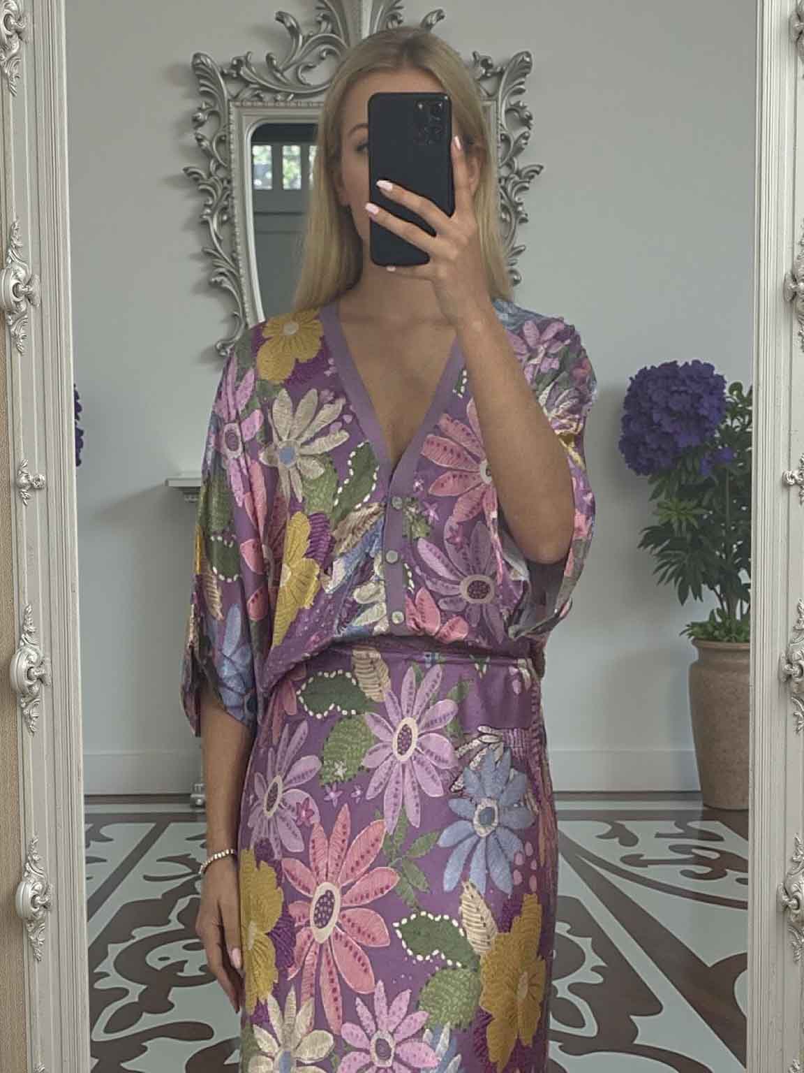 Exquisite Satin Floral Print Off-shoulder Shirt Purple