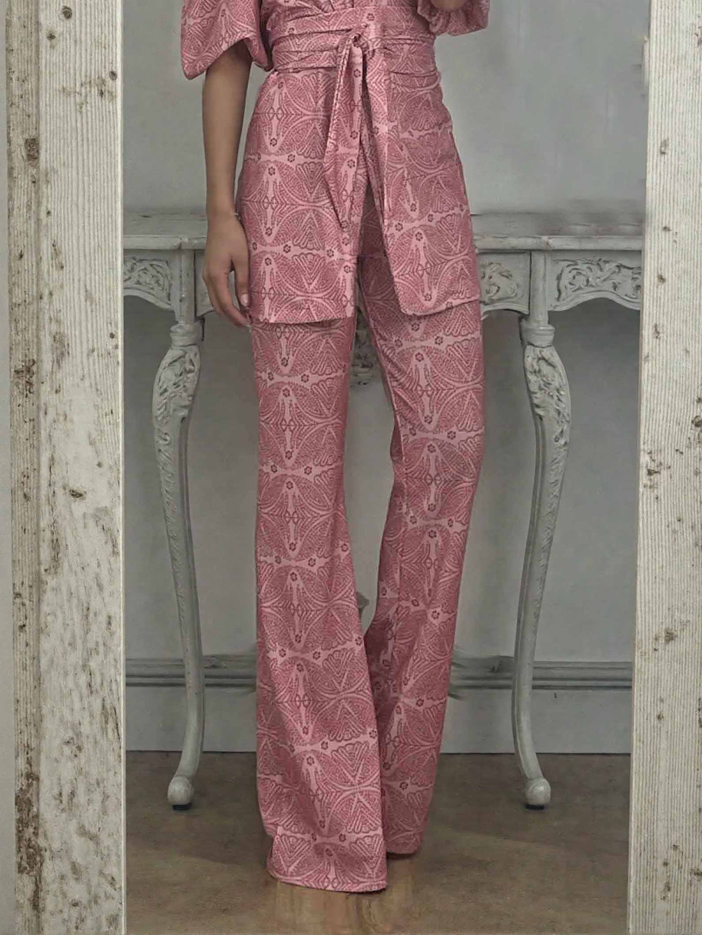 Casual Ethnic Style Printed Flared Pants Pink