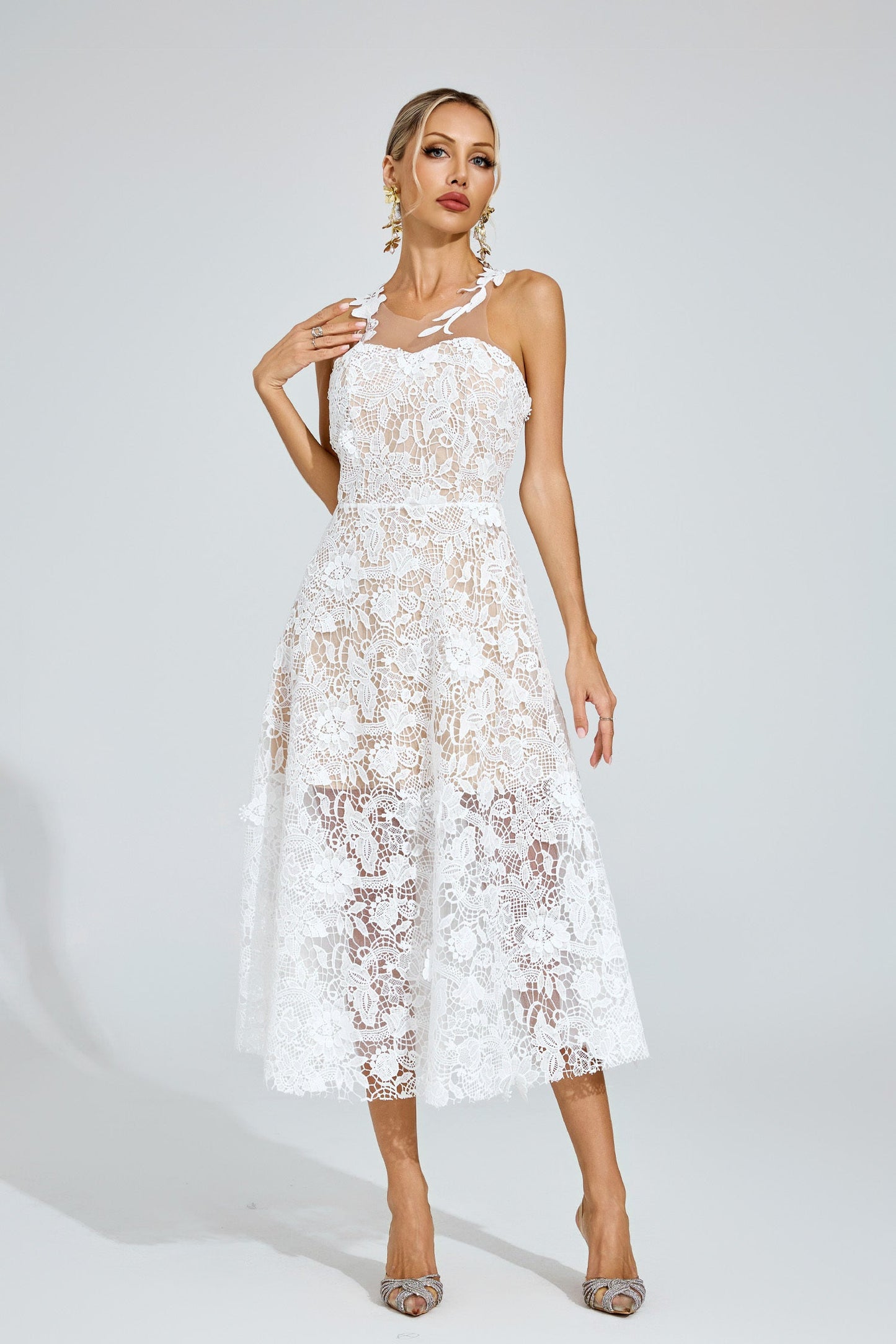 Amélie White Floral Lace Midi Dress