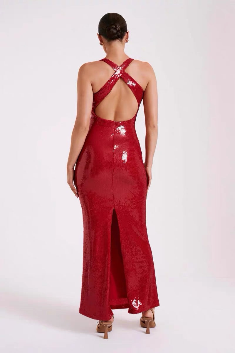 Flower sequin backless maxi dress