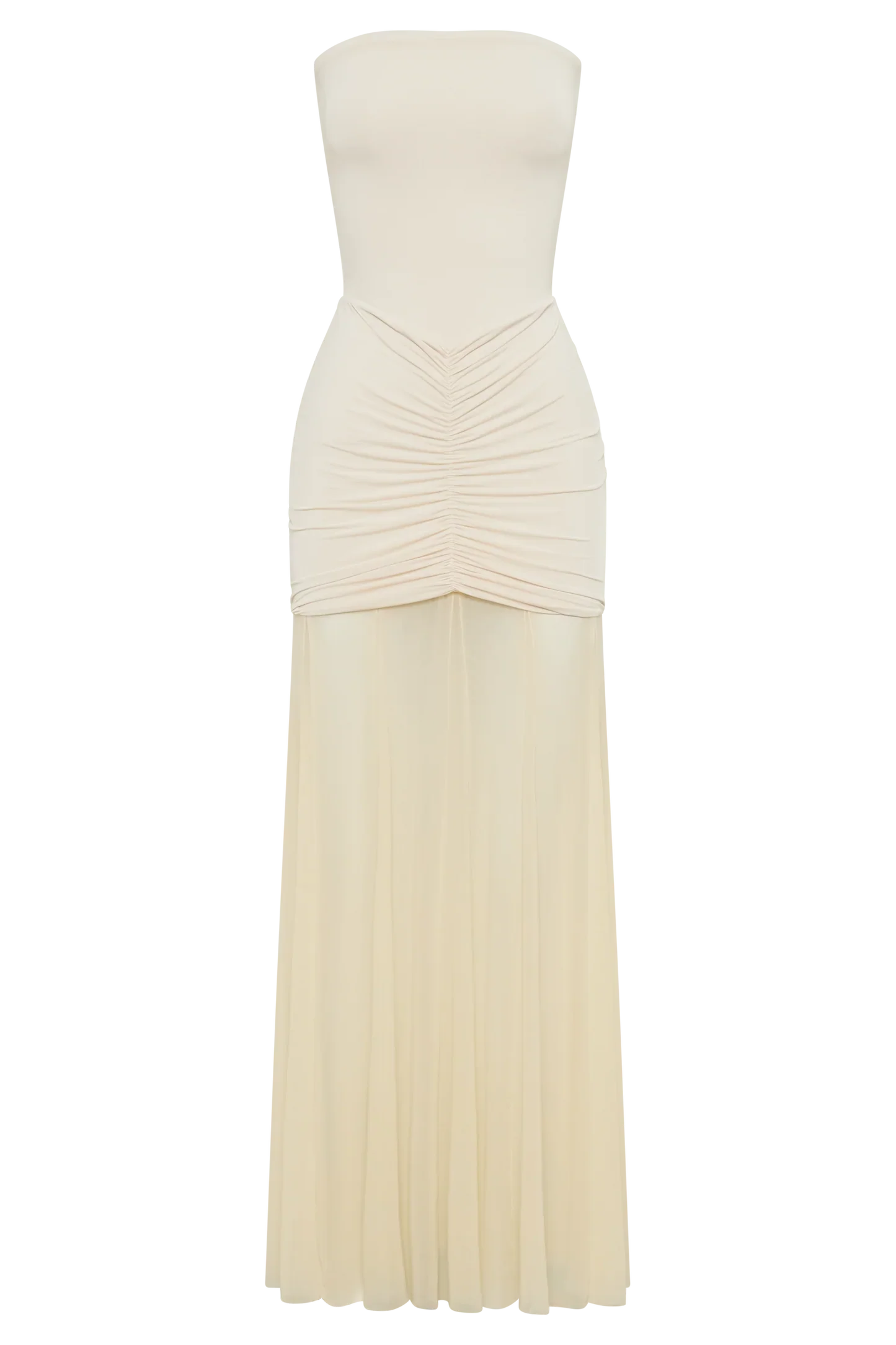 Nude Beige Sheer Ruched Strapless Gown