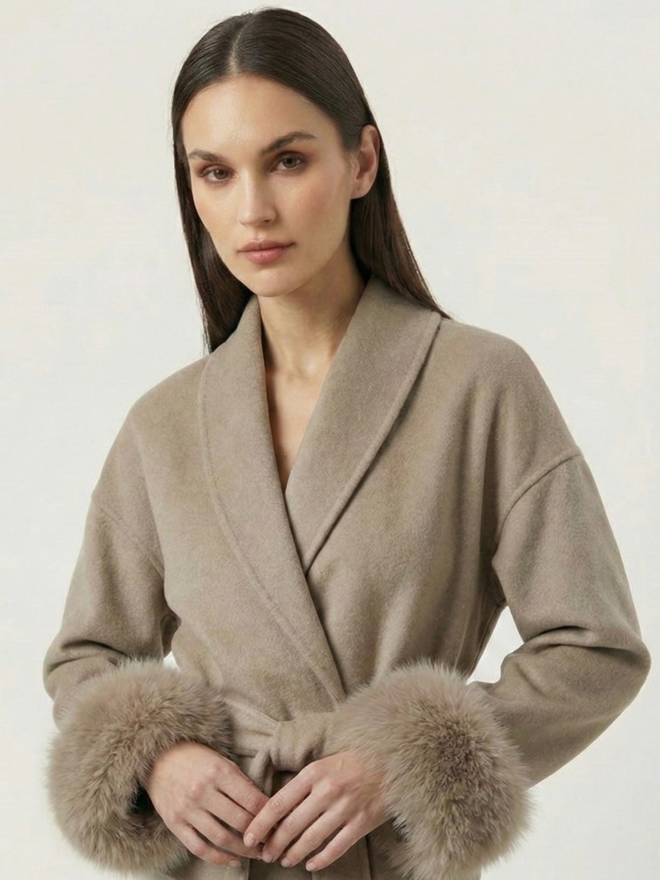 Celine | Belted Coat with Faux Fur Cuffs