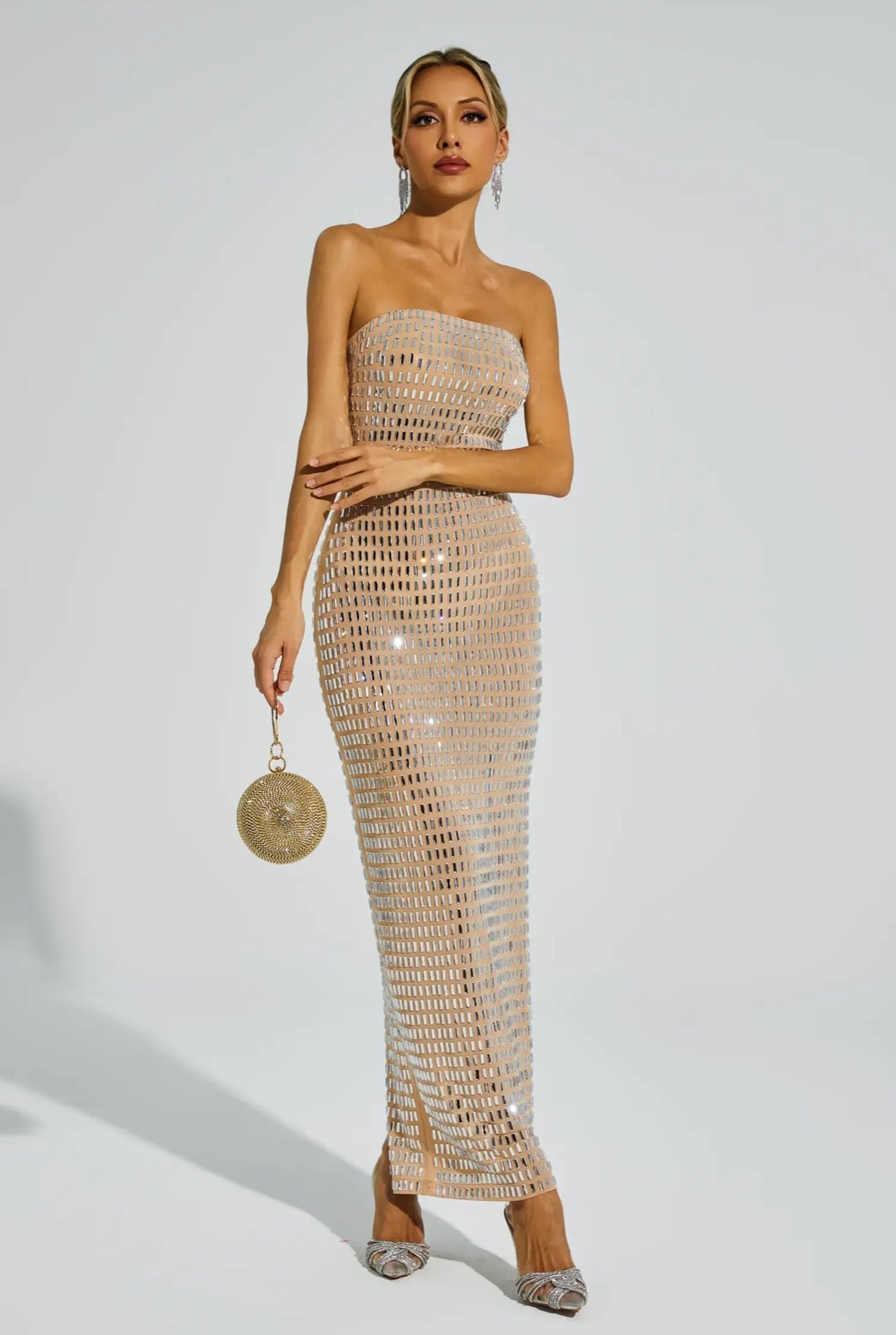 Rhinestone black Mesh maxi dress