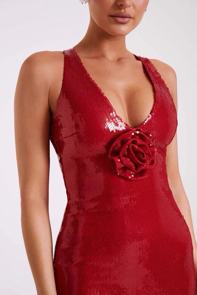Flower sequin backless maxi dress