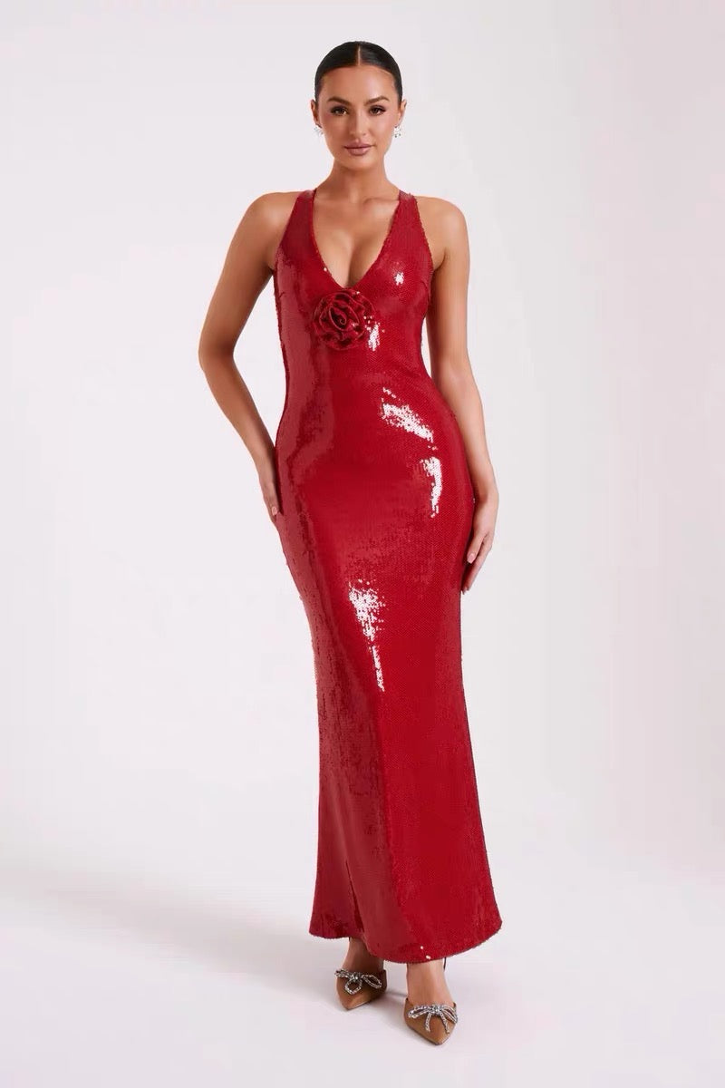 Flower sequin backless maxi dress