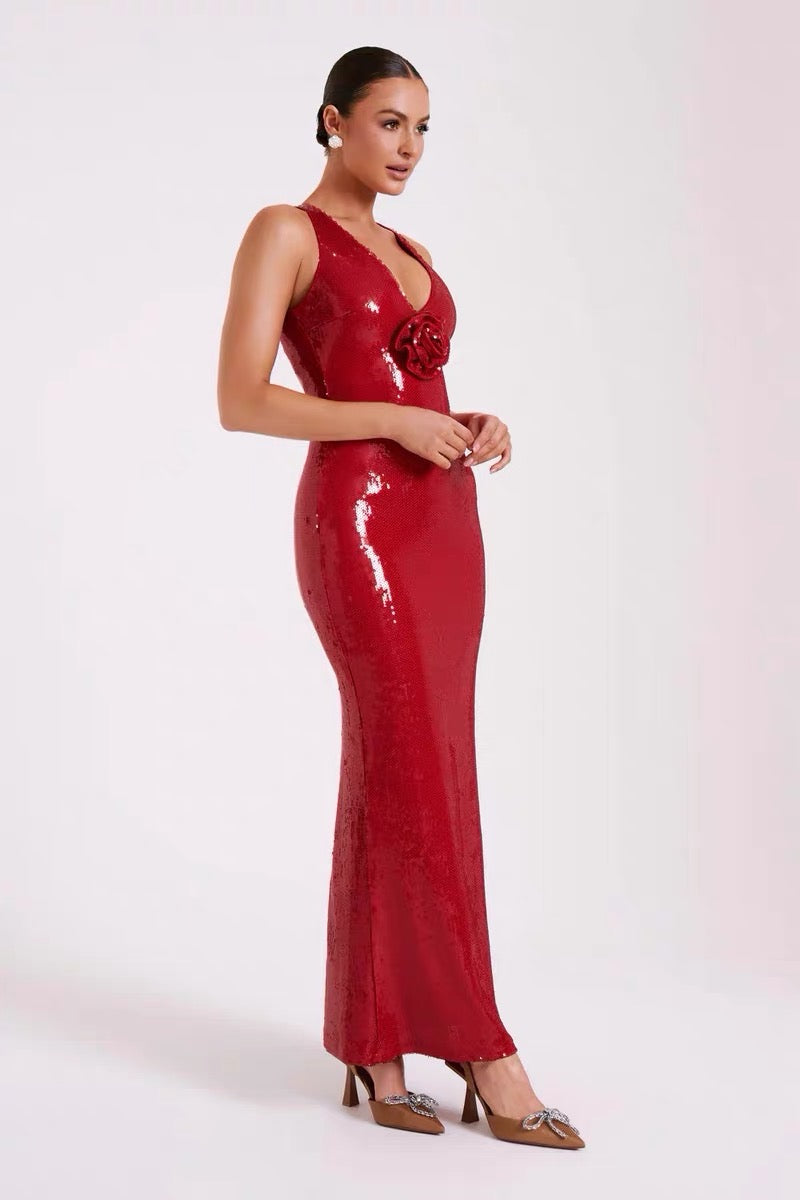 Flower sequin backless maxi dress