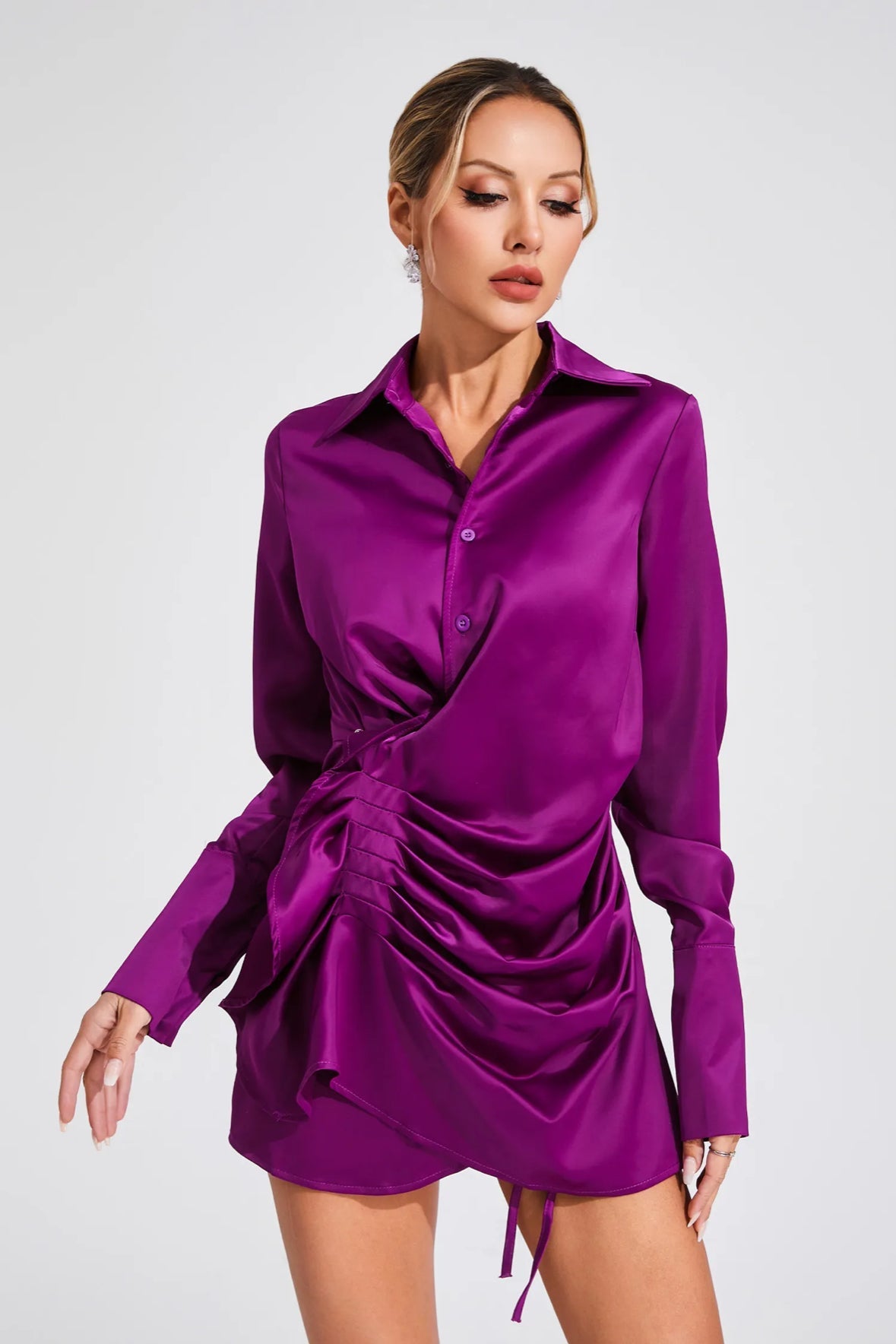 Satin purple ruched mini dress