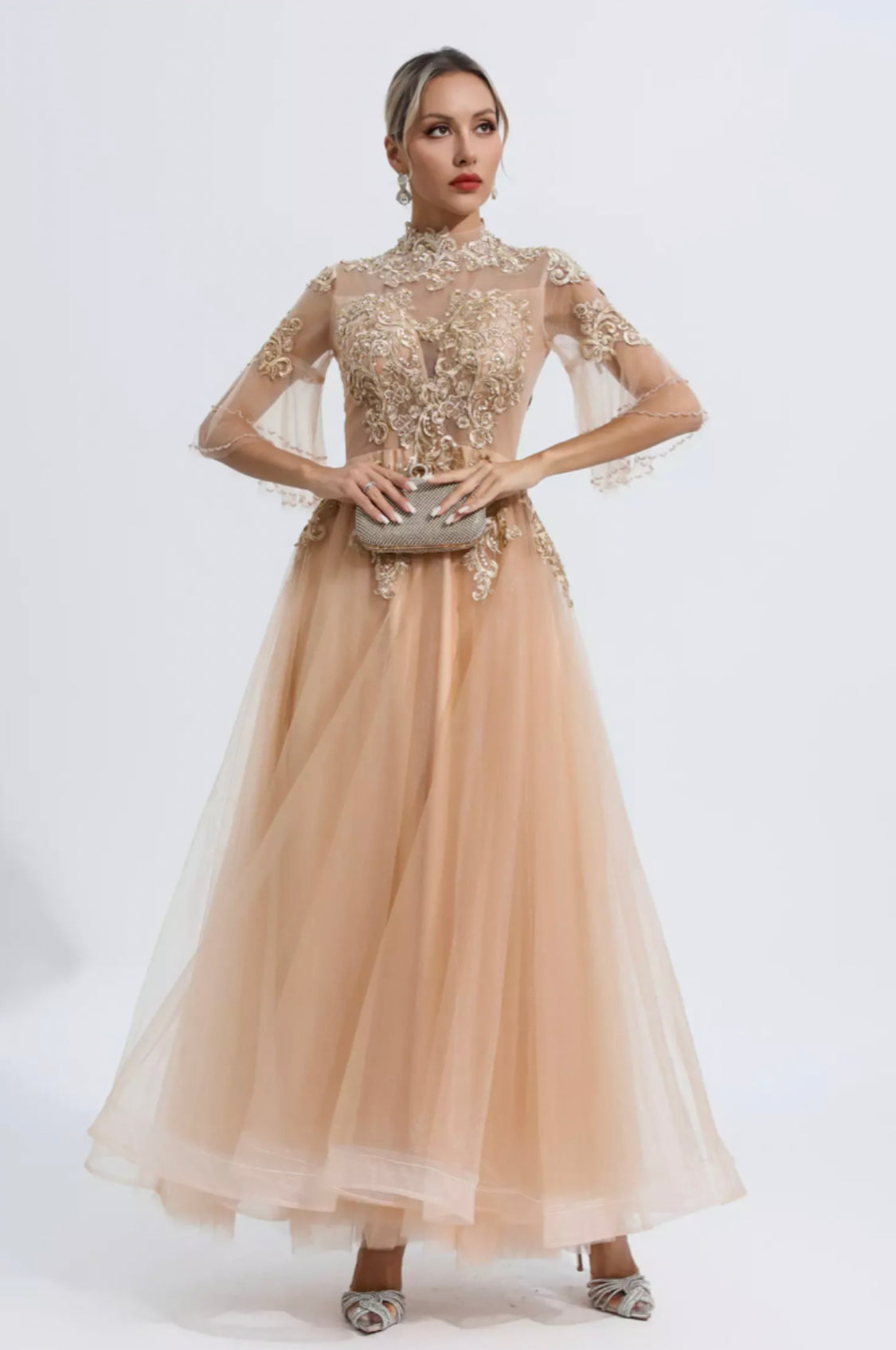 Marina gold mesh maxi dress