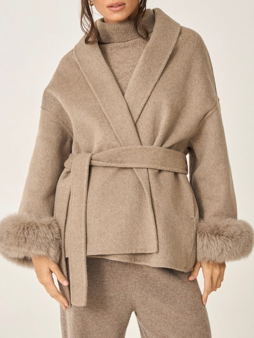 Celine | Belted Coat with Faux Fur Cuffs