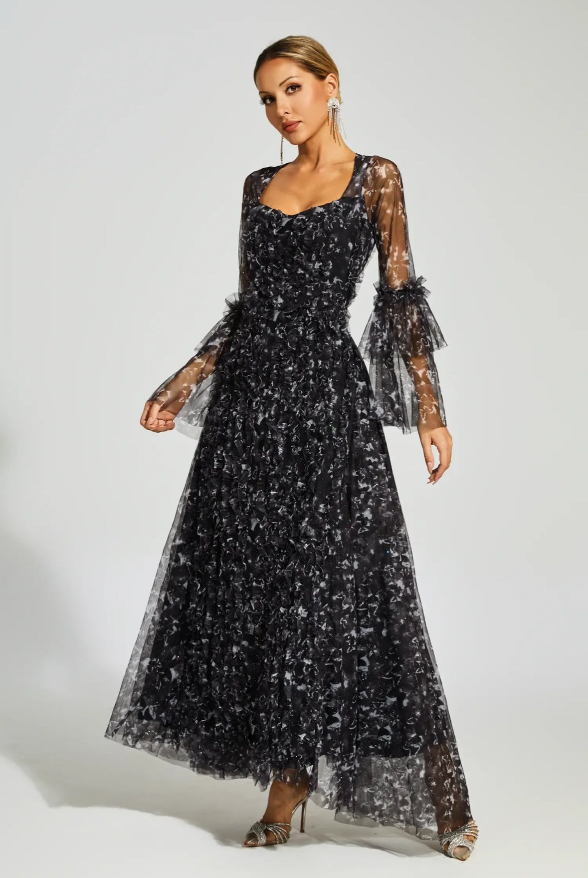 Black floral mesh maxi dress