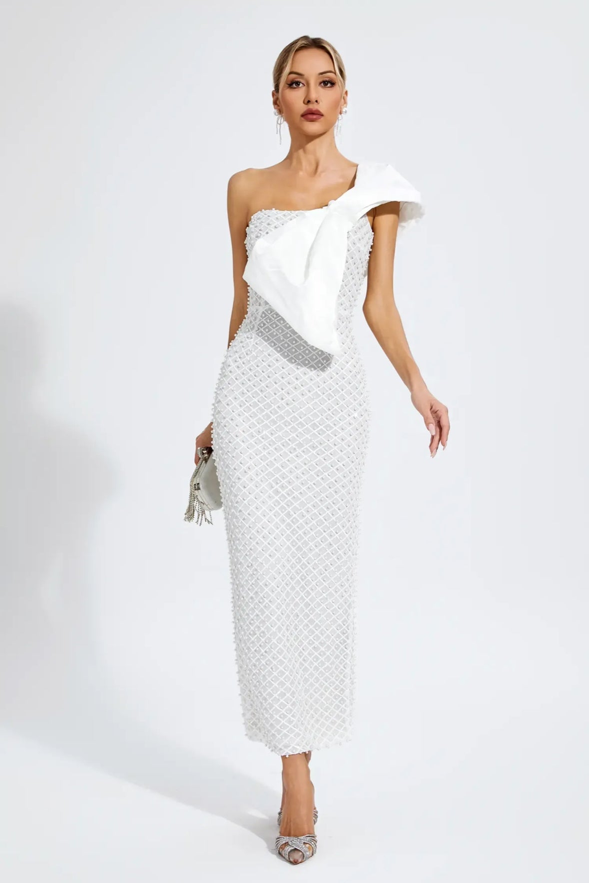 Pearls one shoulder maxi dress