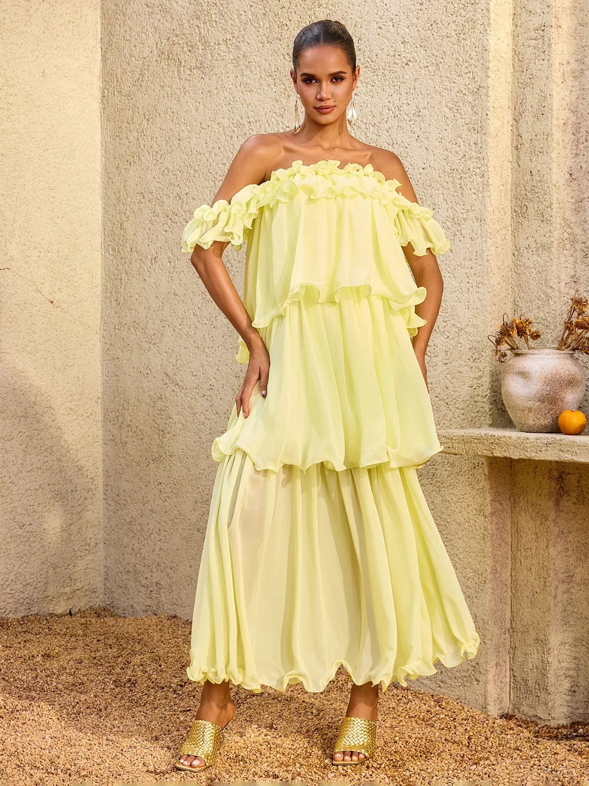 Limoncello Ruffle Chiffon Maxi Dress