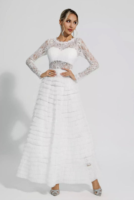 Lace white tulle maxi dress