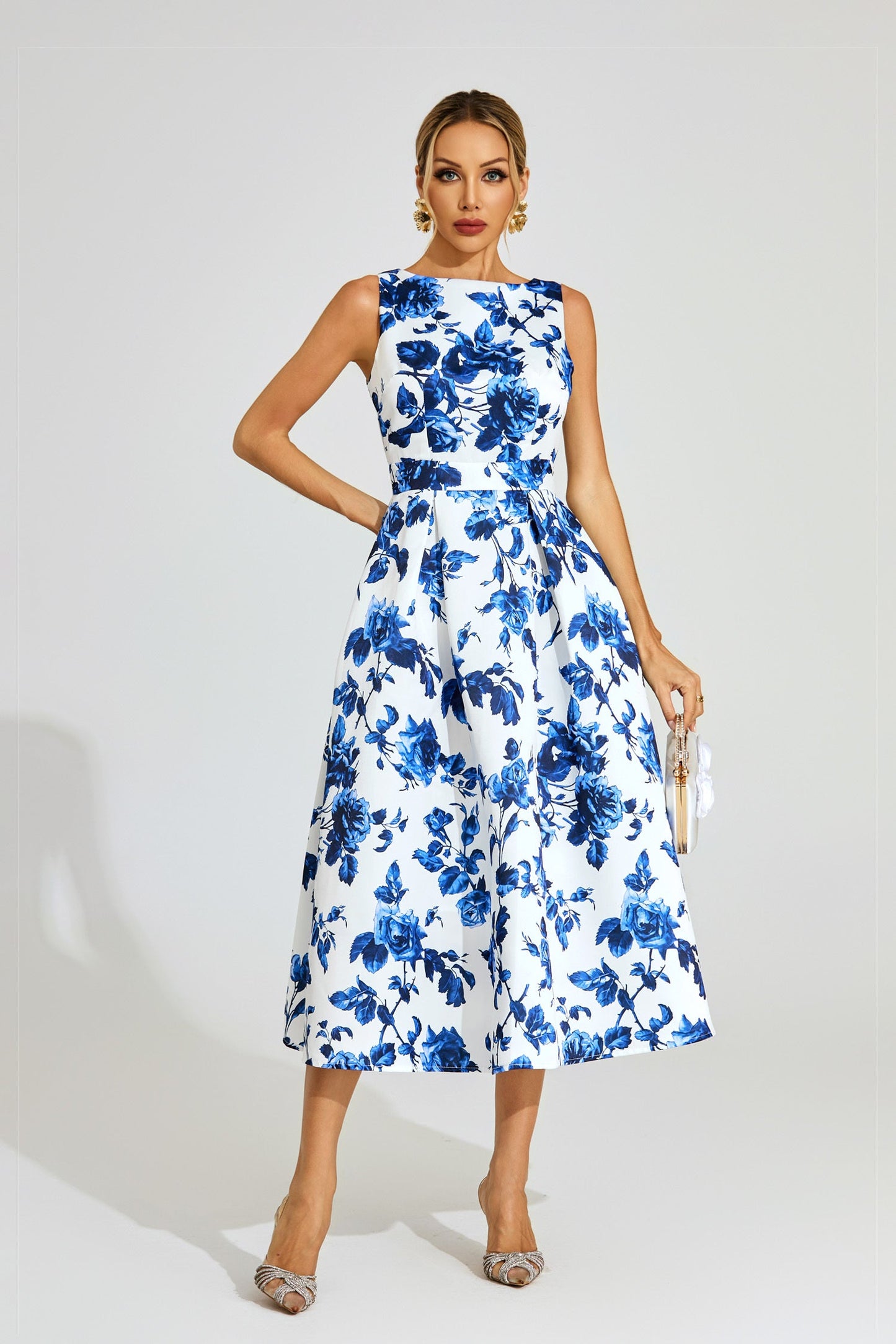 Azure Blossom A-Line Midi Dress