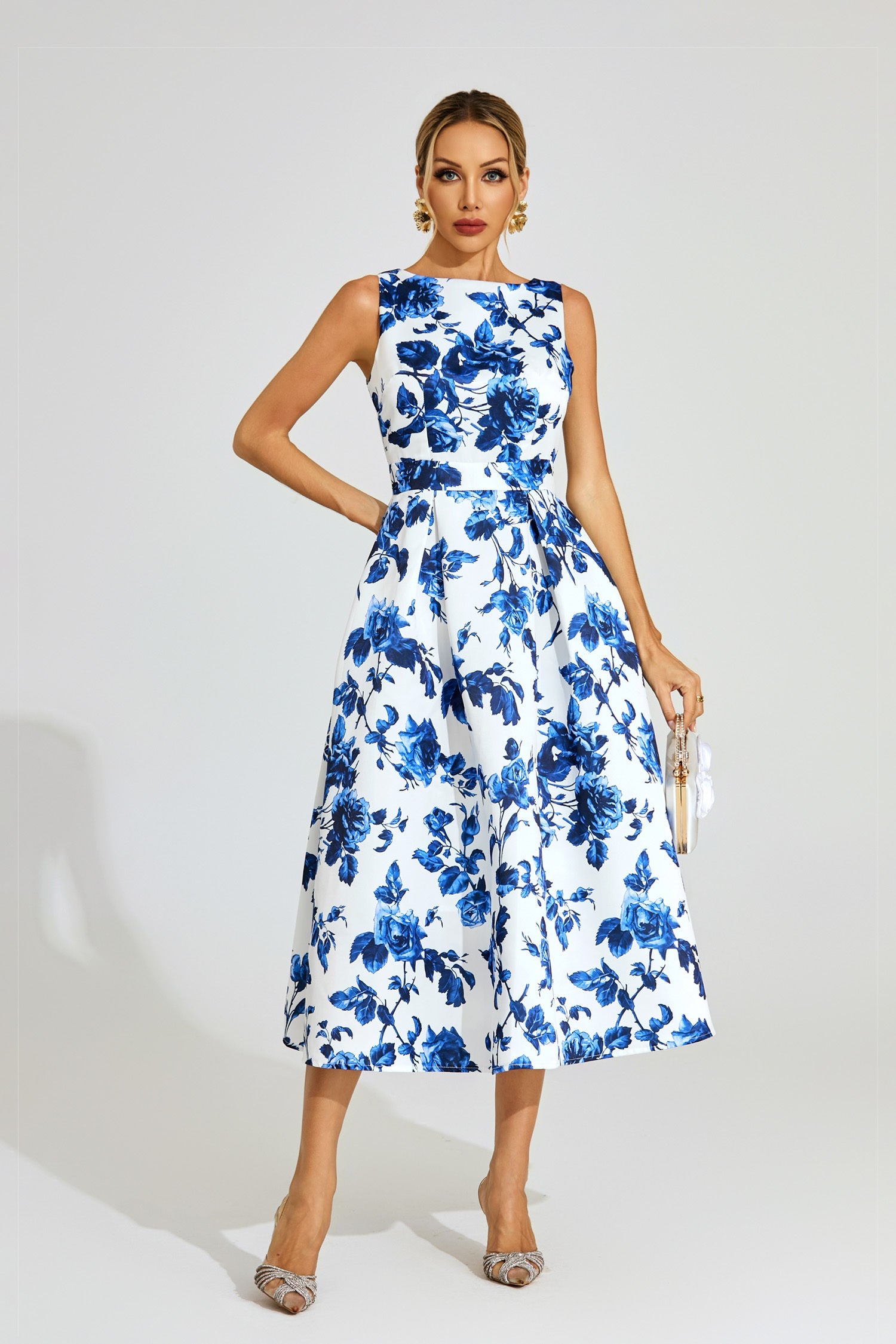 Azure Blossom A-Line Midi Dress