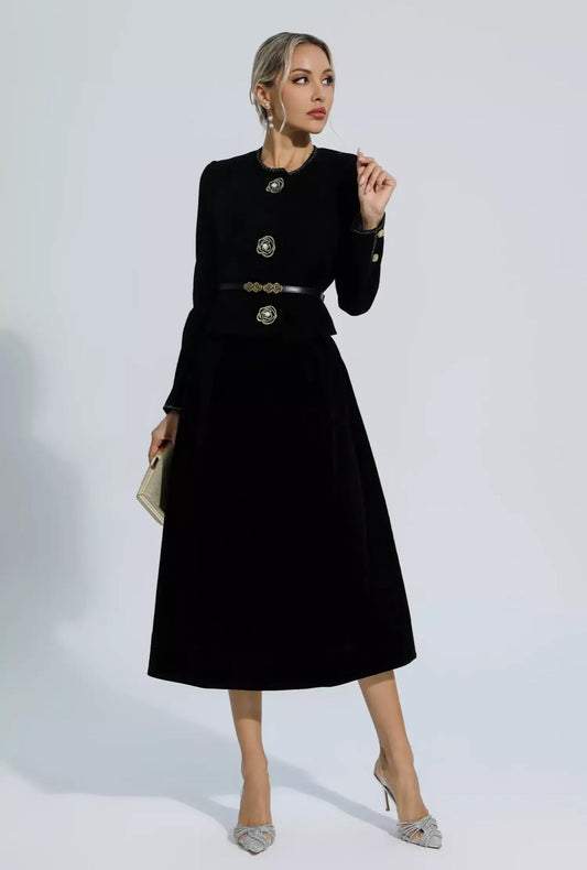 Flower buttons woolen blazer & skirt set