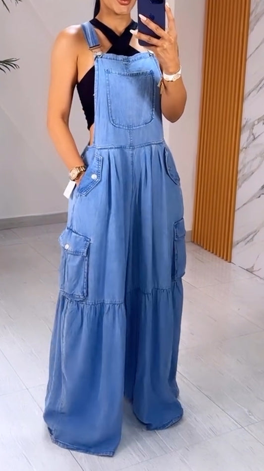 Ladies' Spaghetti Strap Hollow Splicing Casual Jumpsuit