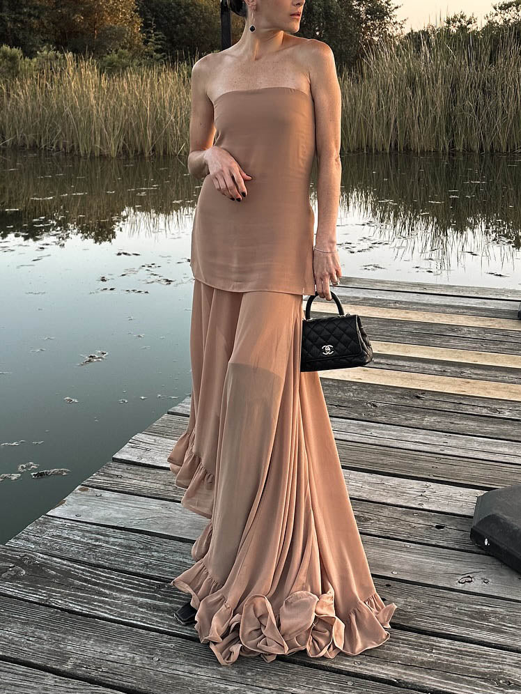Elegant Fluffy Halter Ruffle Maxi Dress Nude