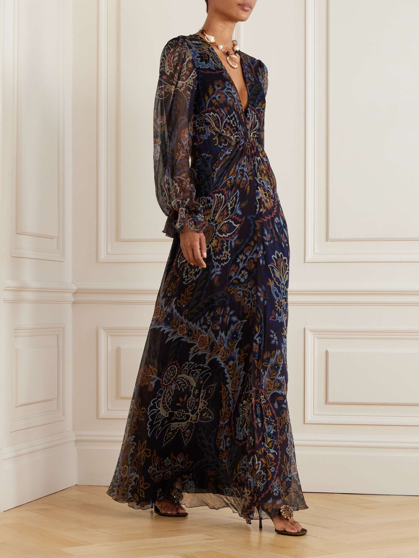 Elegant Pleated Gathered Floral Print Maxi Dress Black