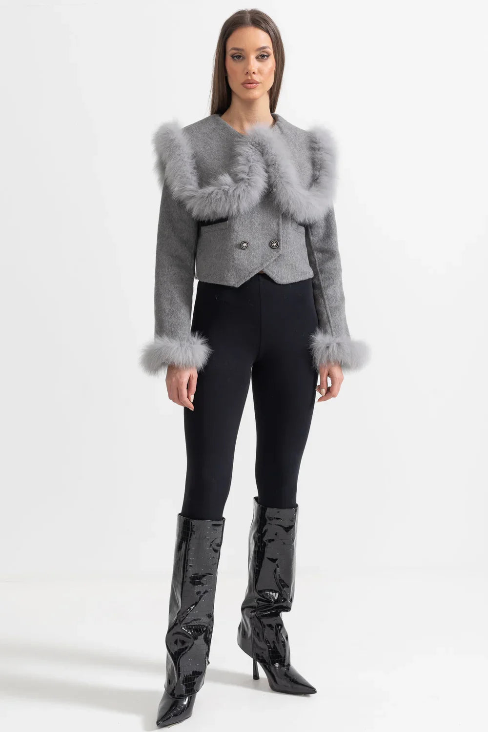 Hallie | Faux Fur Trim Double-Breasted Jacket