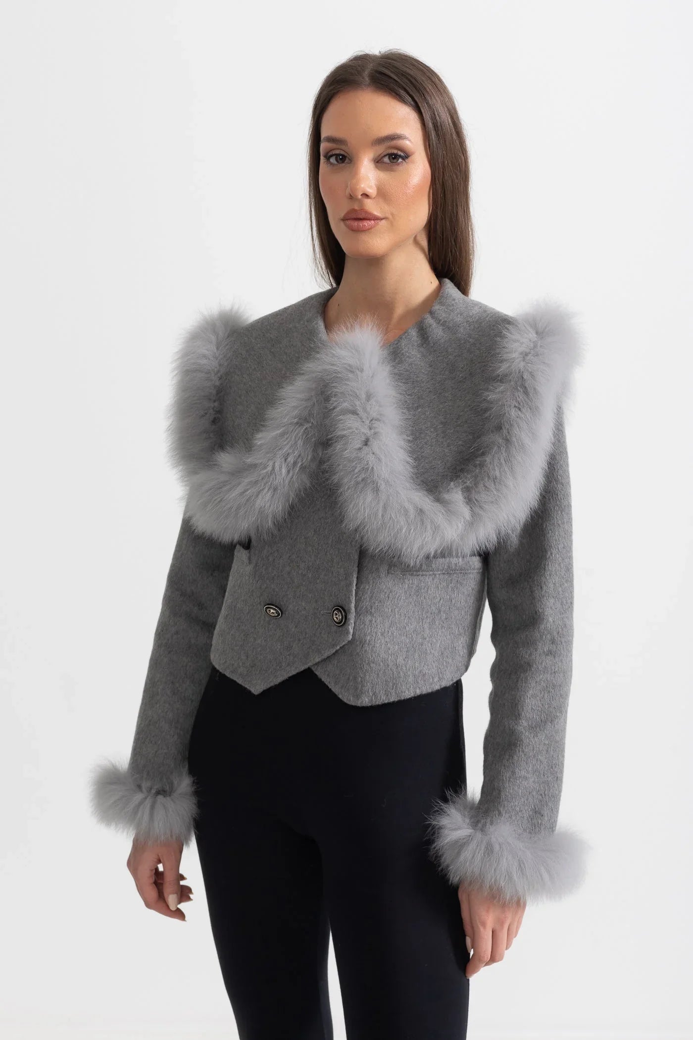 Hallie | Faux Fur Trim Double-Breasted Jacket