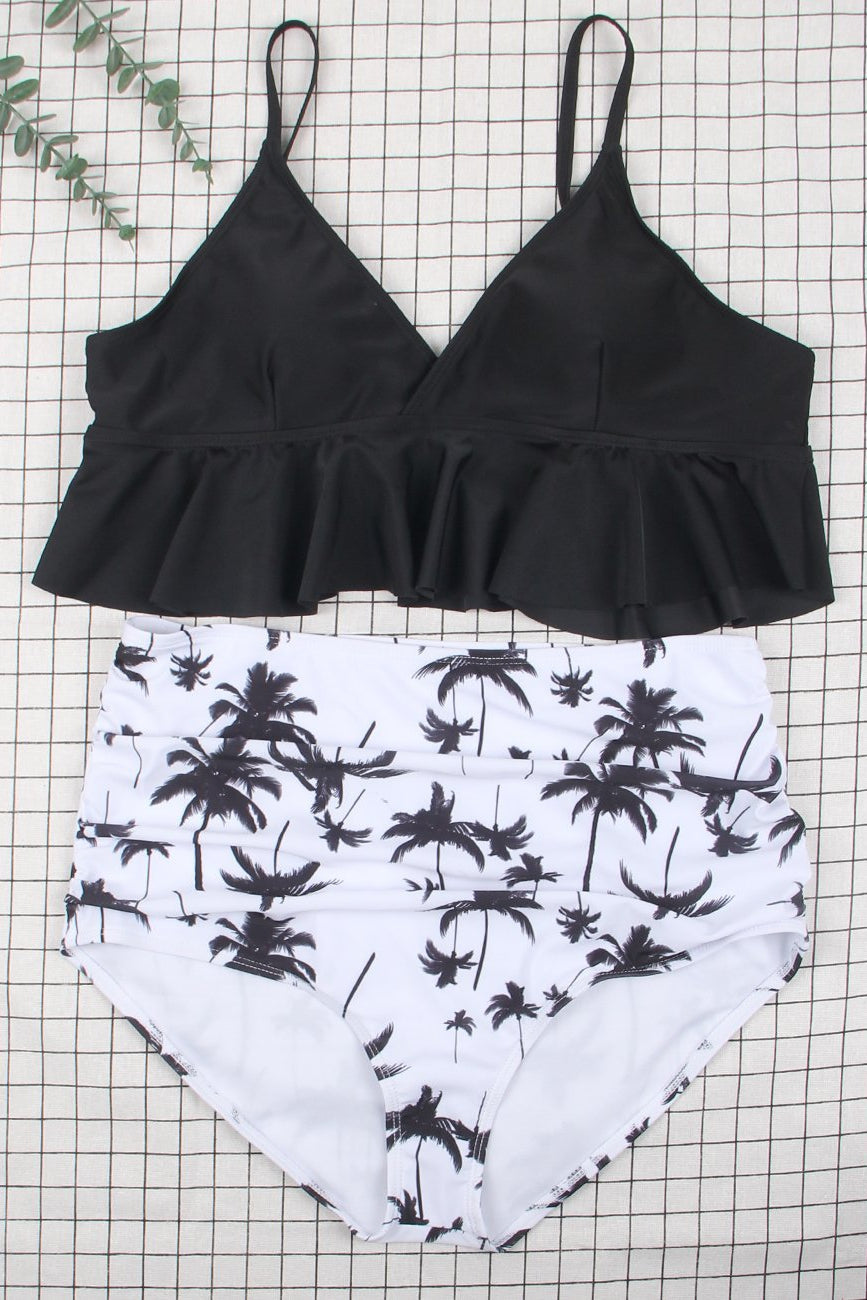 Ladies Two Piece Black and White Printed Palm Tree Bathing Suit