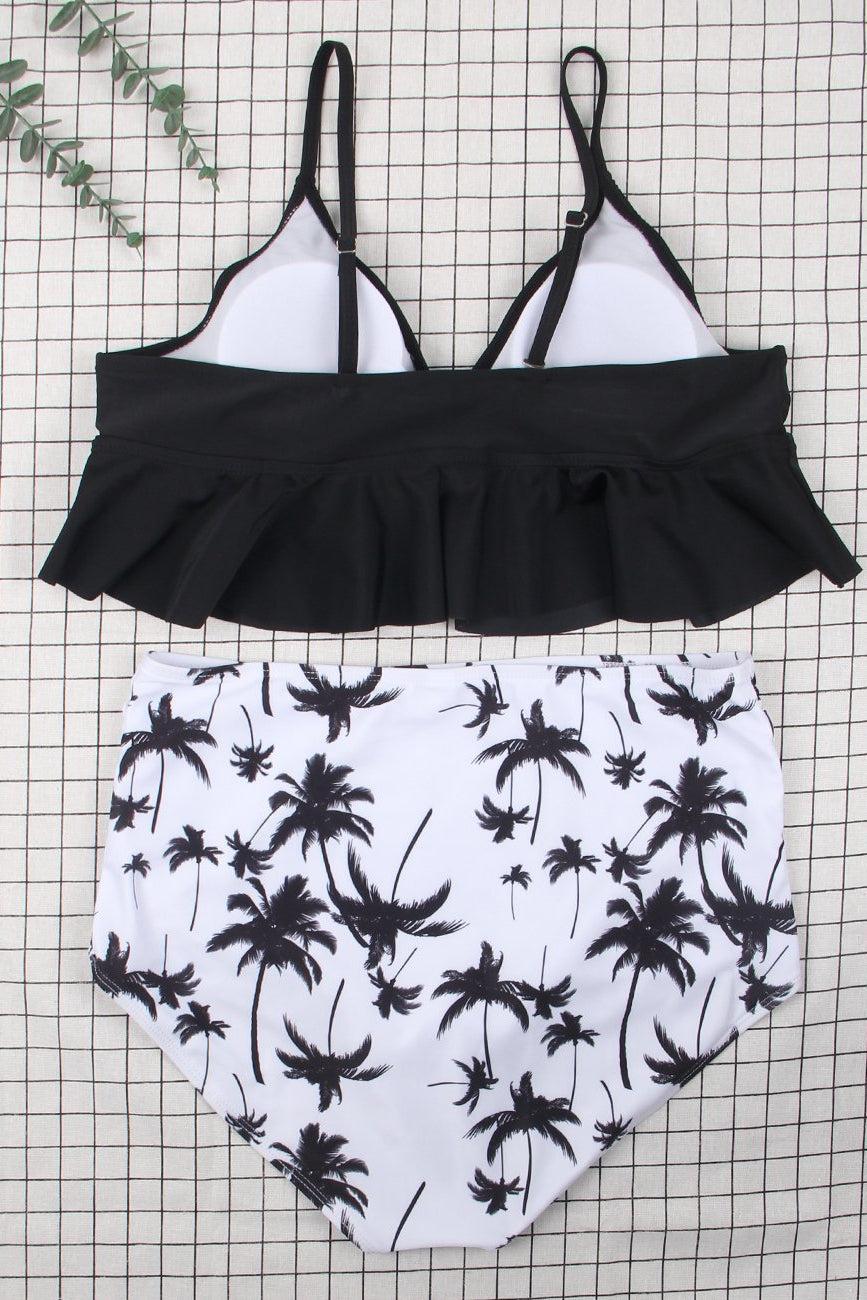 Ladies Two Piece Black and White Printed Palm Tree Bathing Suit