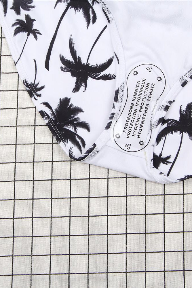 Ladies Two Piece Black and White Printed Palm Tree Bathing Suit