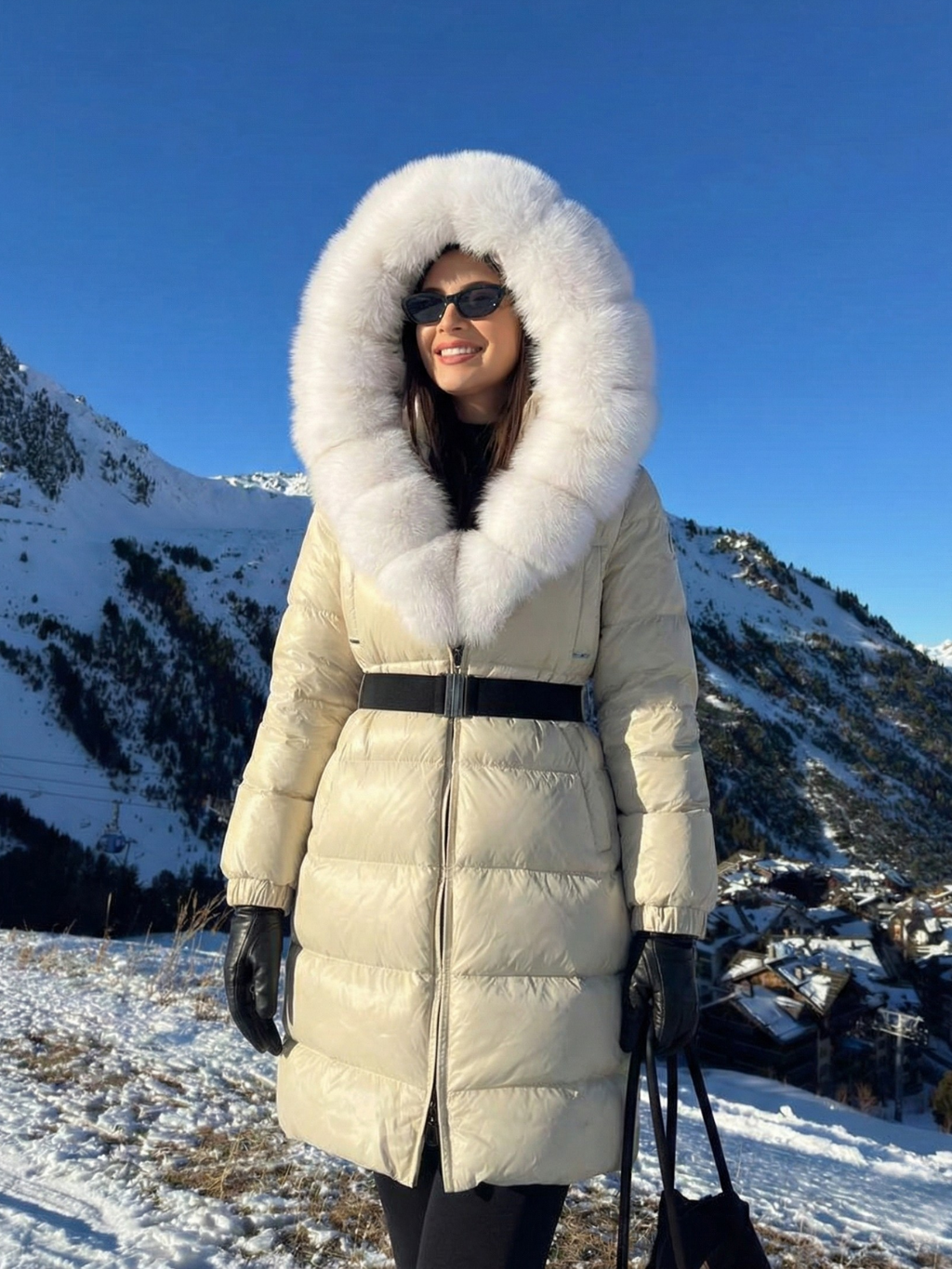 Jane | Belted Long Puffer Coat with Faux Fur Hood