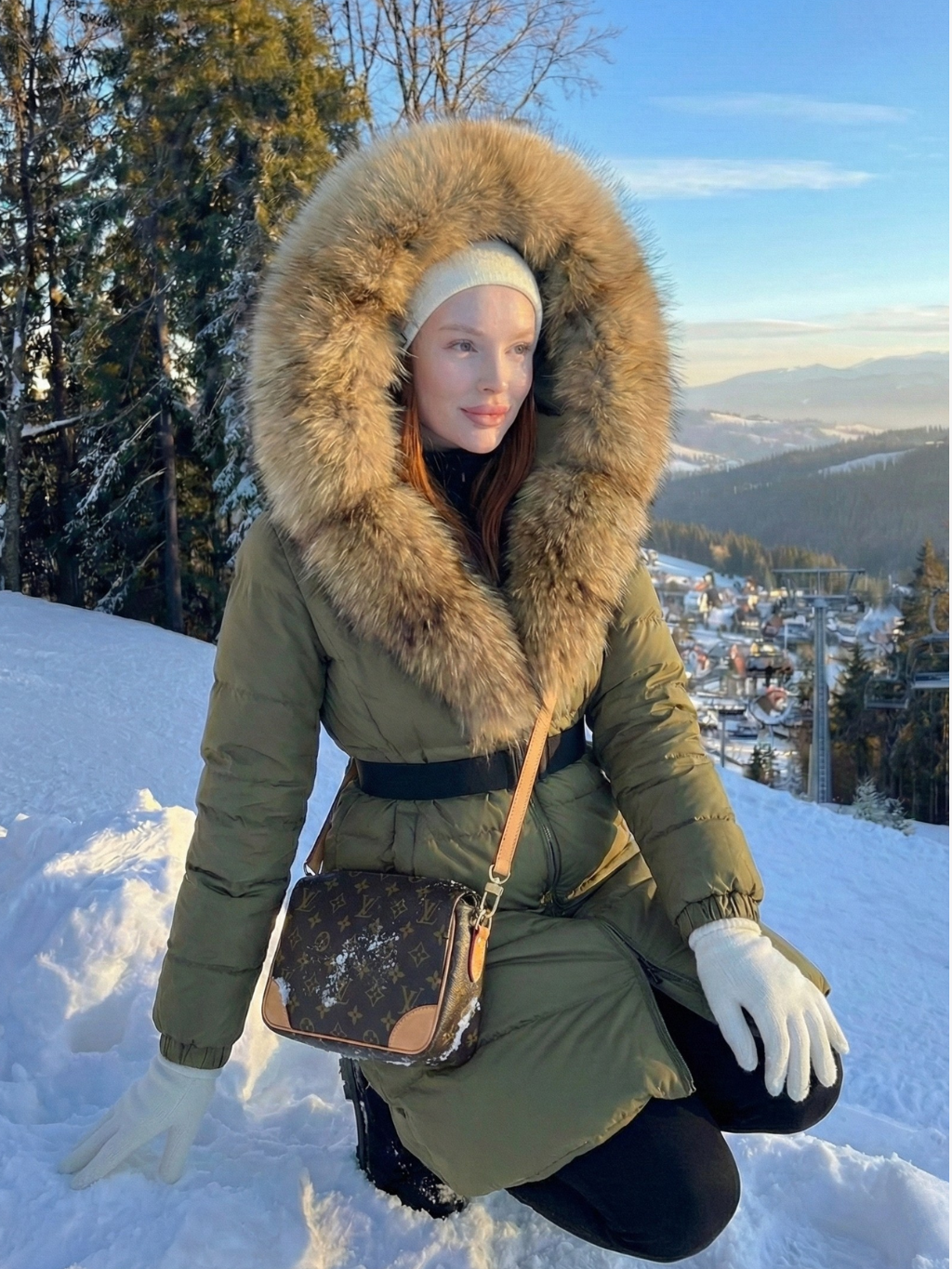 Jane | Belted Long Puffer Coat with Faux Fur Hood