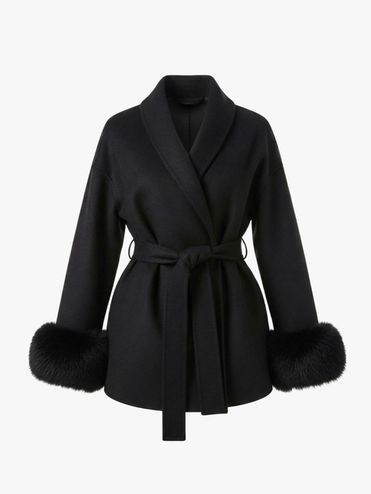Celine | Belted Coat with Faux Fur Cuffs