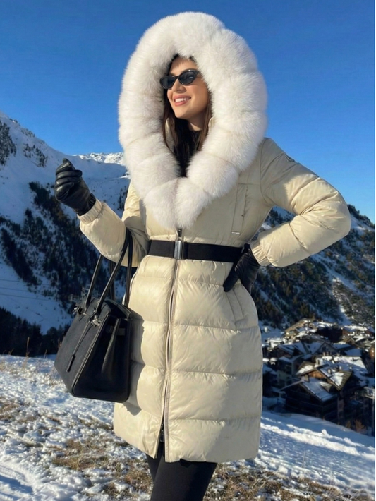 Jane | Belted Long Puffer Coat with Faux Fur Hood