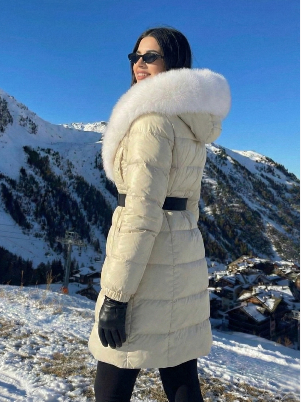 Jane | Belted Long Puffer Coat with Faux Fur Hood